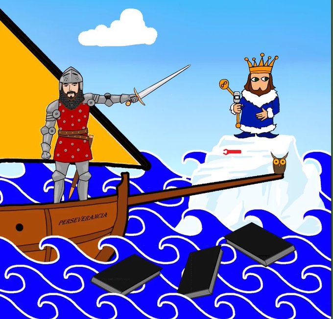 A bearded knight in armor wields a sword aboard a boat labeled "PERSEVERANCIA," while a crowned king holding a sword stands on an iceberg surrounded by floating black books in stormy blue waves. The post's theme of persevering through crypto challenges aligns with the boat's name and the treacherous journey depicted, suggesting resilience is needed to uncover the XRP and SOL opportunities mentioned.