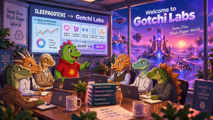 A vibrant illustrated scene titled 'Welcome to Gotchi Labs' showing dinosaurs working on SLEEPAGOTCHI → Gotchi Labs project, featuring categories like Health & Wellness, Shopping, and Fitness with $SLEEP → $GCHI branding.