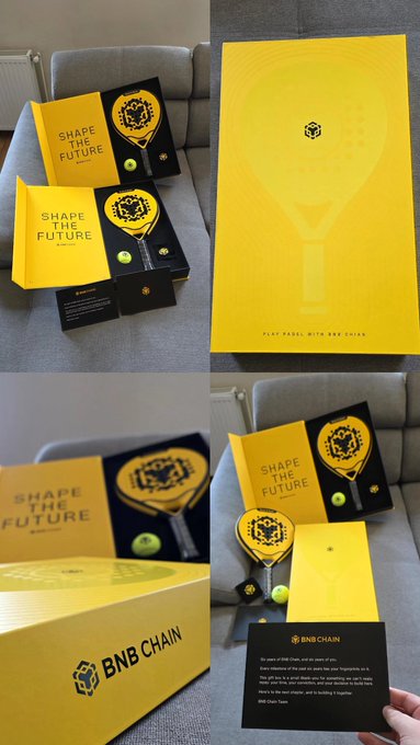 A collage of promotional materials for 'BNB Chain' featuring a yellow and black color scheme, a lightbulb graphic, a shield-shaped trophy, and the slogan 'SHAPE THE FUTURE'.