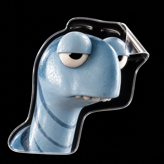 A 3D rendering of a blue, slug-like creature with sleepy eyes and small teeth encased inside a transparent glass or plastic container against a black background.