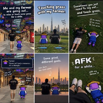 A six-panel social media collage from a farming-themed account shows a person with a cartoon farmer avatar in a city and on grass; visible captions include “Me and my farmer are going out…,” “Touching grass with my farmer.,” “Sometimes you just need to log out and touch grass.,” “Same grind, different goals.,” and “AFK for a while…,” with a small legend listing “No shoes,” “No camera,” and “Just grass.”