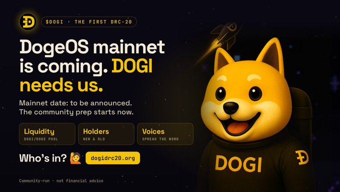 A promotional banner for DogeOS mainnet featuring a Shiba Inu mascot in a spacesuit with 'DOGI' text, referencing the DOGI/DOGE pool and upcoming DRC-20 launch.