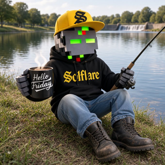 An AI-generated character with a pixelated green and red face wearing a yellow cap, 'SciFlare' hoodie, and jeans, sitting by a lake holding a 'Hello Friday' mug and fishing rod.
