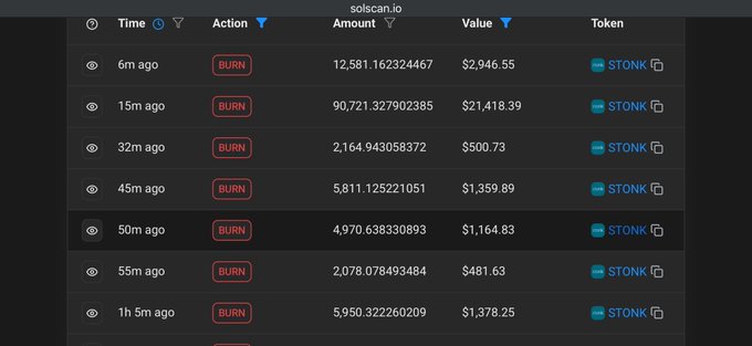A screenshot from solscan.io showing a transaction history list with multiple 'BURN' actions involving the STONK token, displaying various amounts and USD values.