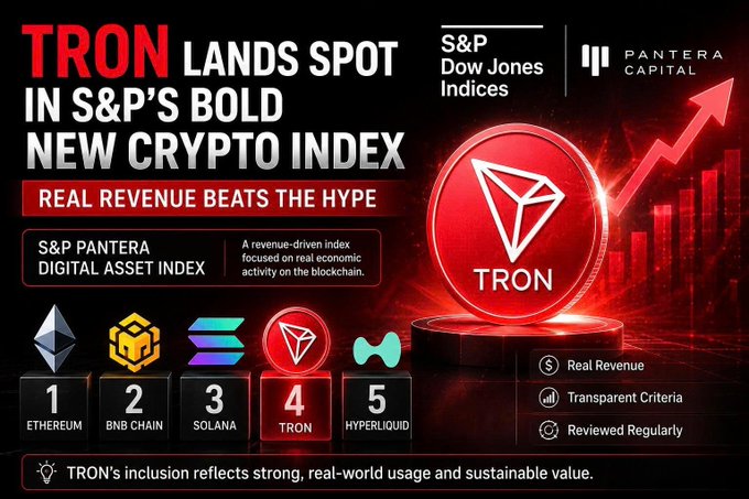 A promotional graphic announcing 'TRON LANDS SPOT IN S&P'S BOLD NEW CRYPTO INDEX,' ranking TRON at #4 in the S&P Pantera Digital Asset Index alongside Ethereum, BNB Chain, Solana, and Hyperliquid.
