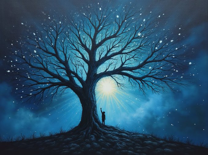 An illustrated scene depicts a silhouetted figure standing beneath a large tree on a hill, reaching toward a glowing light surrounded by a starry blue sky.