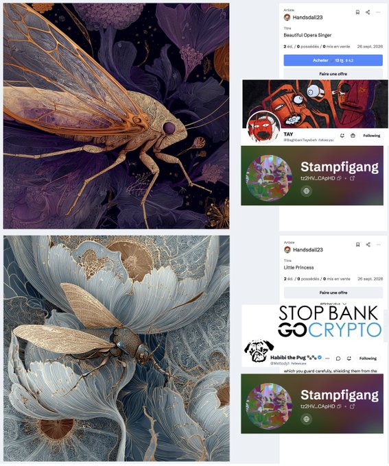 Artist @Handsdai123 celebrates selling out their "My Bestiary" NFT collection titled "Beautiful Opera Singer" and "Little Princess," thanking buyers Stampfigang, @BaghbaniTayebeh (TAY), and @Mettody1 (Habibi the Pug), with each piece priced at 13 ꜩ on objkt.com as of 26 sept. 2020. The images showcase intricately detailed digital art of winged insects—resembling cicadas and dragonflies—rendered in rich purple and pale blue floral compositions, paired with screenshots of the sold-out listings.