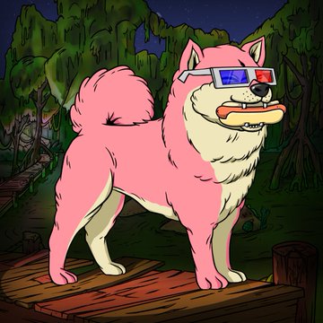 An illustration of a pink fluffy dog wearing blue and red 3D glasses and holding a hot dog in its mouth, standing on a wooden platform in a forest setting.