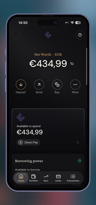 A smartphone screen displays a crypto wallet app showing a Net Worth of €434,99 EUR with options for Deposit, Send, Buy, and a 'Direct Pay' feature under 'Available to spend'.