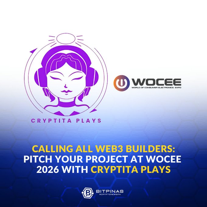 Promotional graphic from BitPinas for WOCEE 2026 (World of Consumer Electronics Expo) featuring the Cryptita Plays logo and the call to action "CALLING ALL WEB3 BUILDERS: PITCH YOUR PROJECT AT WOCEE 2026 WITH CRYPTITA PLAYS."
