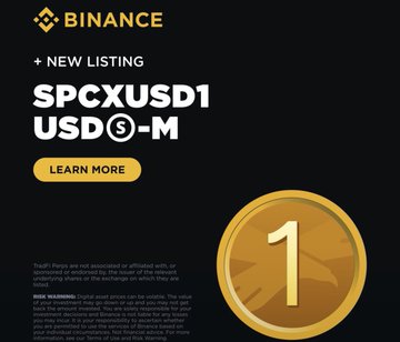 A Binance promotional graphic announces the new listing of "SPCXUSD1" with "USD1-M" and a "LEARN MORE" button, featuring a gold "1" coin on a black background. The image visually reinforces the post's point about USD1's expanding real-world utility, now serving as the settlement asset for synthetic SpaceX exposure rather than BTC as in earlier listings.