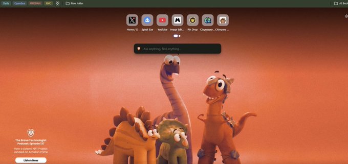 A web browser homepage featuring dinosaur characters with a 'Home / X' navigation bar and an 'Ask anything. Find anything.' search bar.