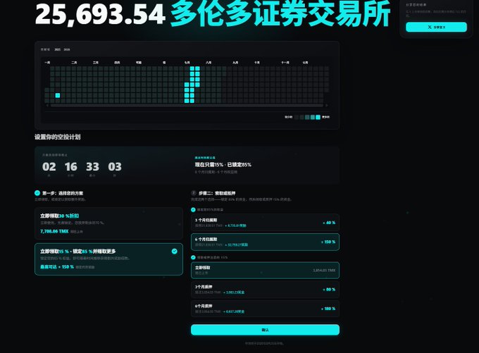 Chinese-language promotional screen displaying '25,693.54 多伦多证券交易所' (Toronto Stock Exchange) with a chart visualization and details about a quantitative trading plan with 150% returns.