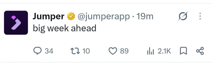 A screenshot of a social media post by Jumper (@jumperapp) from 19 minutes ago reading 'big week ahead', showing 34 replies, 10 retweets, 89 likes, 2.1K views, with a verified checkmark and app logo.