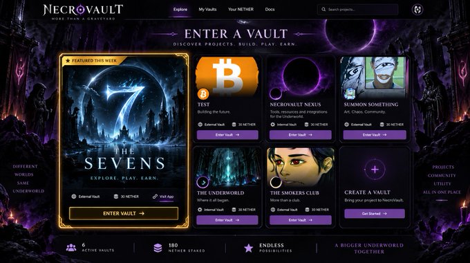 The NecroVault website homepage displaying 'Enter A Vault' with featured projects including 'The Sevens', 'Microvault Nexus', 'Summon Something', 'The Underworld', 'The Smokers Club', and 'Create A Vault'.