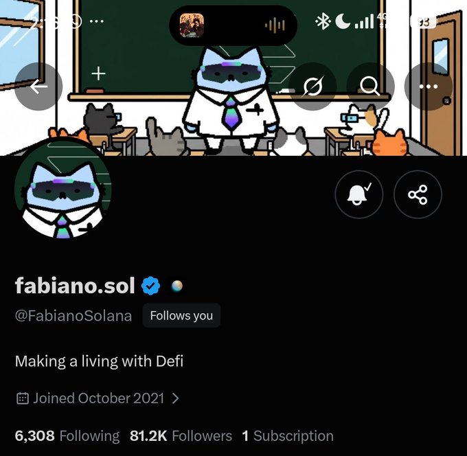A social media profile page (Twitter/X) for user @FabianoSolana displaying the name 'fabiano.sol', a bio reading 'Making a living with Defi', and stats showing 81.2K Followers and a join date of October 2021.