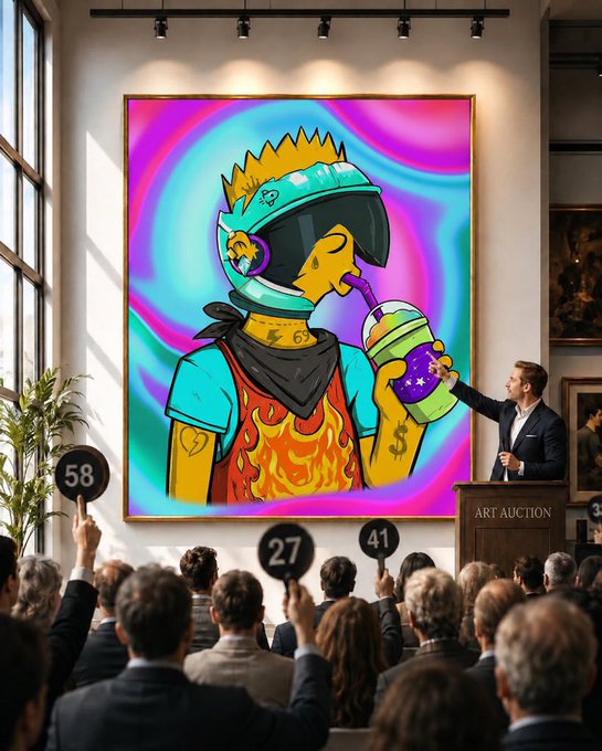An art auction scene where attendees hold up numbered paddles (58, 27, 41) to bid on a large, vibrant painting of a cartoon character in a helmet drinking from a boba-like cup, displayed on a wall with an 'ART AUCTION' podium.