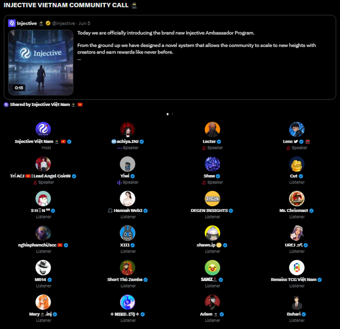 The image shows a screenshot of an Invitee community page featuring profiles for various speakers, including a person named @InjectiveVN_ and another known as @MaddyBuddy. The community page also displays names such as @honestbygiraffe, @davecarlson, and others. There is text above the screenshot explaining that a new community call has been scheduled for the weekend with a specific invitee named @InjectiveVN_ who will be introducing the brand Ambassador Program. The post encourages attendees to make the most of this opportunity by sharing their insights on the development journey so far, which includes an understanding of the new Ambassador Program and how it may change the status quo within our community.