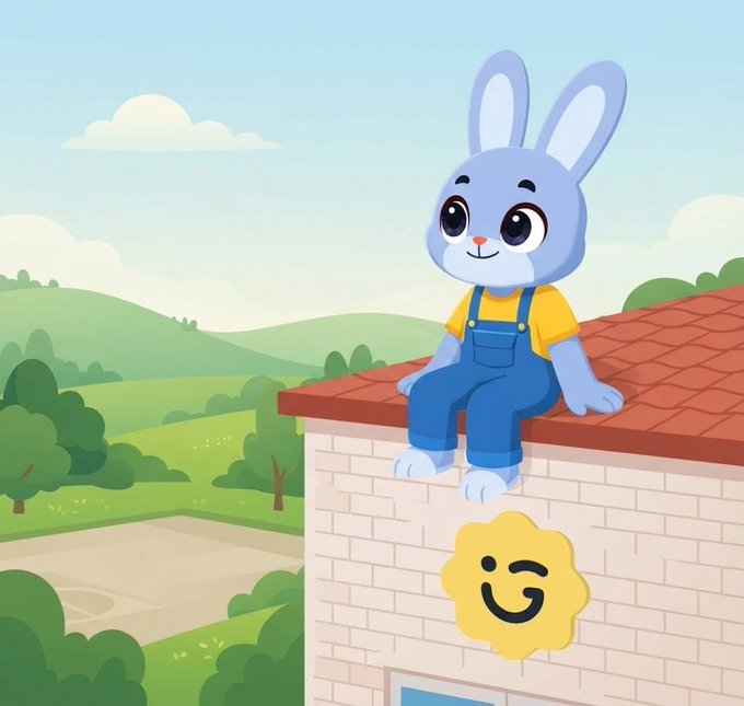 A cartoon illustration of a smiling blue bunny character wearing a yellow shirt and blue overalls, sitting on the red-tiled roof of a small house with a smiley face emblem, set against a green countryside backdrop.