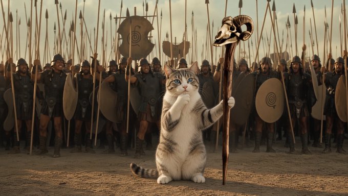 A whimsical image of a tabby kitten holding a ram-skull-topped staff, standing in front of a phalanx of ancient Spartan warriors with spears and round shields.