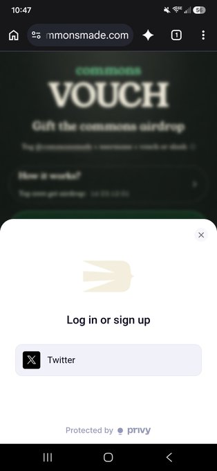 Mobile screenshot of a website called 'commons' displaying a 'VOUCH' gift airdrop page with a login popup offering Twitter (X) sign-in.