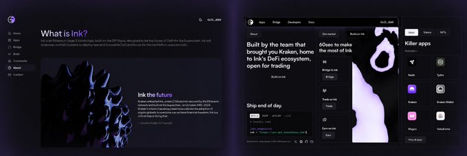 Two side-by-side screenshots of the Ink blockchain project website, showing the "What is Ink?" page and an app ecosystem page featuring developers like Kraken and BuilderX.
