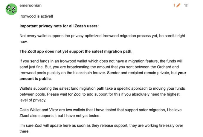A social media post by user 'emersonian' discussing the activation of Zcash's Ironwood, with a privacy note warning Zcash users about wallet migration paths and mentioning Zodl, Cake Wallet, and Vizor.