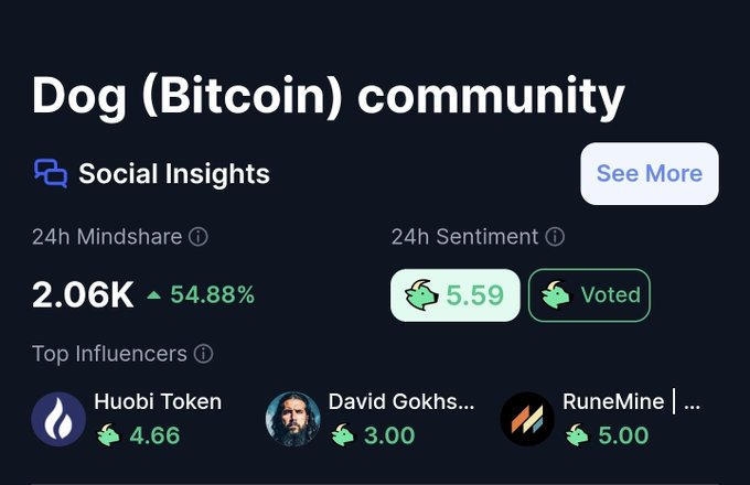 A dark-themed dashboard for the "Dog (Bitcoin) community" showing Social Insights with a 24h Mindshare of 2.06K (up 54.88%), a 24h Sentiment of 5.59, and Top Influencers including Huobi Token (4.66), David Gokhshtein (3.00), and RuneMine (5.00).