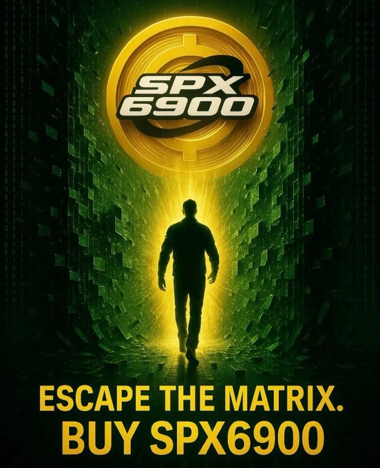 The image features an advertisement for Bitcoin, with a man walking through a tunnel or cave-like setting. The poster includes text that reads "Escape the Matrix. Buy SPX69000" and "Crypto Market has been very tough for everyone over the past year but the ONLY community that has kept posting on social media, believing & recruiting new holders is SPX690." This advertisement seems to be promoting Bitcoin as a means of escape from the Matrix-like world created by centralized governments.