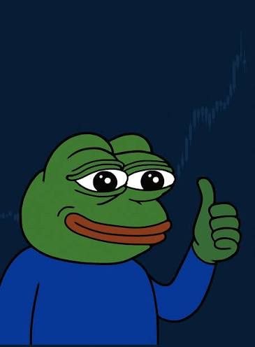 A cartoon Pepe the Frog character wearing a blue shirt gives a thumbs-up against a dark blue background with a faint stock chart line.