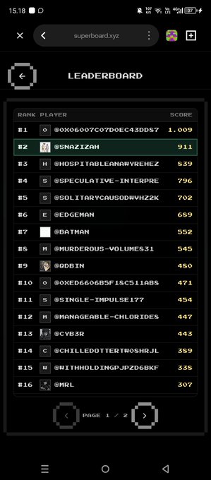 A leaderboard from superboard.xyz showing @SNAZIZAH ranked #2 with a score of 911, topped only by an anonymous wallet address, illustrating the user's progress in the @conso_xyz game built on @WalrusProtocol and backed by @Community_Sui.