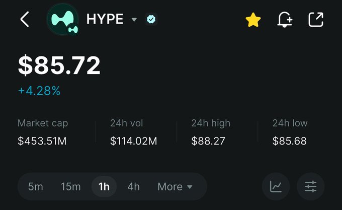 A cryptocurrency price tracking app showing HYPE token priced at $85.72 with +4.28% change, market cap of $453.51M, and 24h volume of $114.02M.