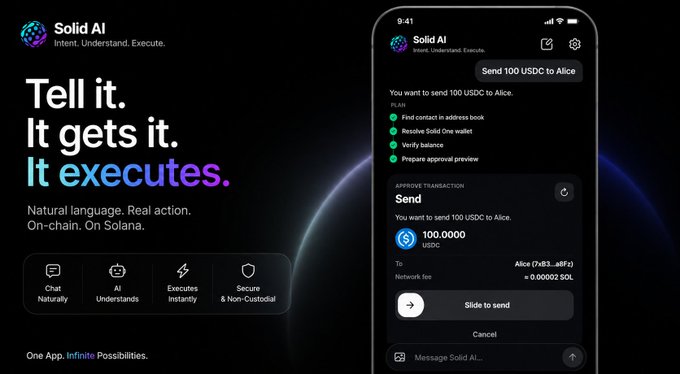 A promotional image for "Solid AI" featuring the tagline "Tell it. It gets it. It executes." alongside a smartphone displaying a chat-based crypto interface where the command "Send 100 USDC to Alice" is queued, with a slippage-free preview showing approval steps, balance, and a "Slide to send" button, highlighting the app's natural-language, intent-based approach to executing on-chain transactions on Solana.