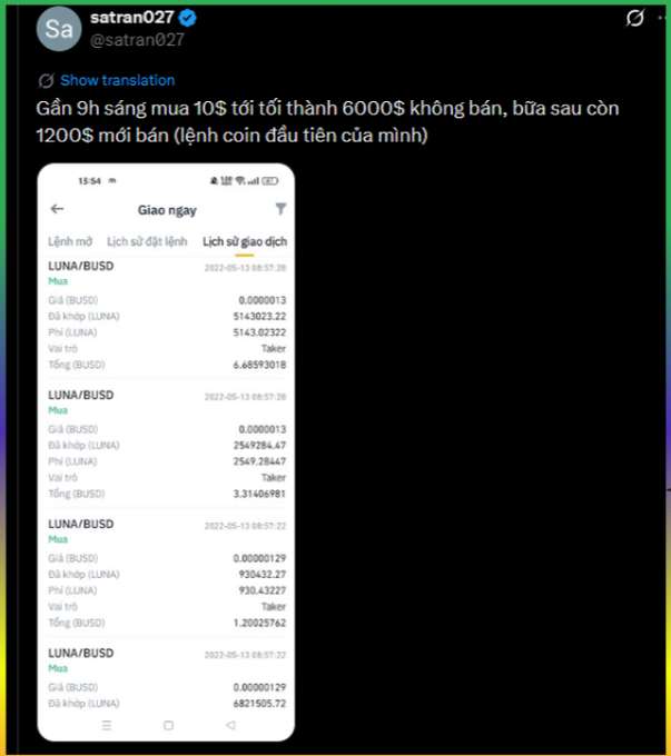 A screenshot of a tweet by 'satran027' in Vietnamese discusses a LUNA/BUSD trade, displaying transaction history with prices like '0.0000013' and '0.00000129' BUSD, and notes buying 10$ worth and selling later.