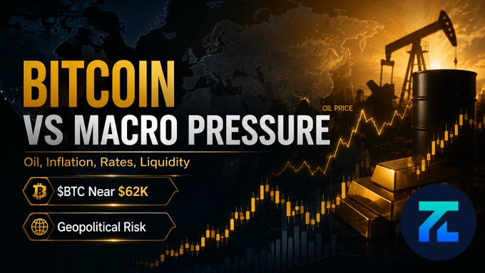A graphic titled 'BITCOIN VS MACRO PRESSURE' with text 'Oil, Inflation, Rates, Liquidity', '$BTC Near $62K', and 'Geopolitical Risk', featuring oil derricks and gold bars.