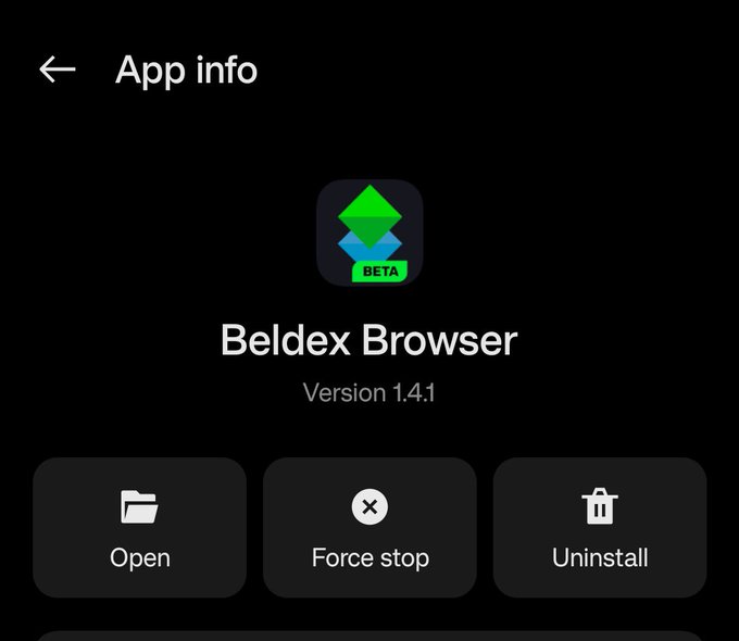 An Android 'App info' screen shows the 'Beldex Browser' app (Version 1.4.1) marked with a 'BETA' label, featuring buttons for Open, Force stop, and Uninstall.