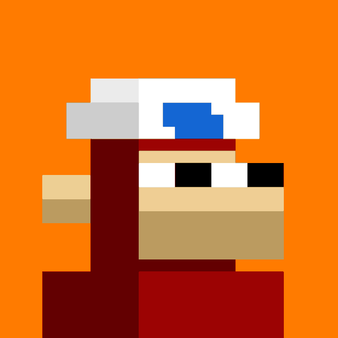 A pixel art image on an orange background showing a figure with a dark red scarf, white top with a blue design, and tan/beige face details.