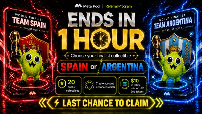 A Meta Pool Referral Program promotional graphic showing "ENDS IN 1 HOUR" with green monster mascots representing Team Spain and Team Argentina finalist picks, advertising 20 finalist collectibles and $10 in Solera unlocks.