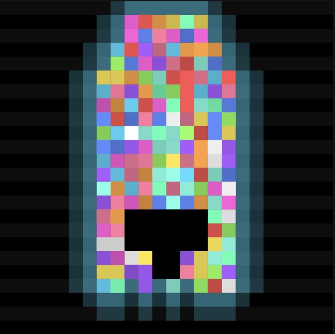A pixelated figure composed of multicolored squares with a black background, featuring a dark void in the lower portion resembling a pixel art character.