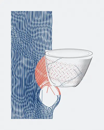 A stylized illustration features a white bowl with geometric patterns set against a textured blue background, accented by a red crosshatched circular element.