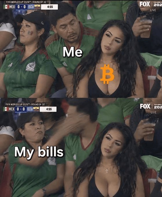 A two-panel meme from a FOX FIFA World Cup 2026 broadcast shows a woman in the crowd labeled 'Me' with a Bitcoin symbol, while the bottom panel shows the same scene labeled 'My bills' referencing someone getting slapped.