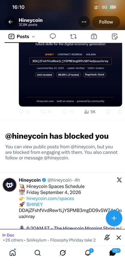 A mobile screenshot of the Hiveycoin (@hineycoin) profile, showing a blocked status message and a pinned post about 'Hineycoin Spaces Schedule' scheduled for Friday September 4, 2026.