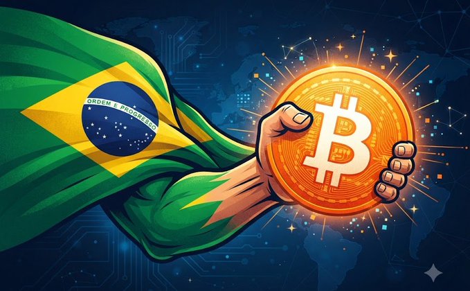 A muscular arm draped in the Brazilian flag flexes while gripping a glowing Bitcoin coin against a dark, circuit-patterned world map background. The image visually reinforces the news that Brazil's Central Bank is tightening regulations on crypto withdrawals, with the bold "ORDEM E PROGRESSO" inscription on the flag symbolizing the government's push to impose 24-hour lockups on Bitcoin transactions.