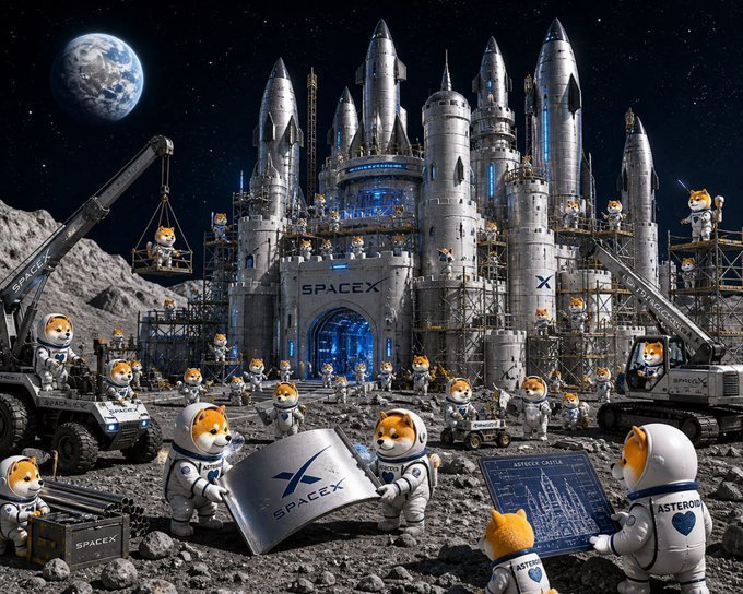 The image features a group of Shiba Inu dogs dressed up as humans, standing around a castle-like structure with a large banner that says "X". The dogs are wearing spacesuits and appear to be working together to build or repair the structure. The scene is set against a backdrop of a moonlit night sky, adding an element of mystery and excitement to the overall atmosphere.