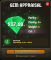 A small screenshot of a 'GEM APPRAISAL' screen showing a green gem valued at $17.00 with stats including Purity, Clarity, Weight, and Cut, along with a 'CLAIM GEMS & MONEY' button.