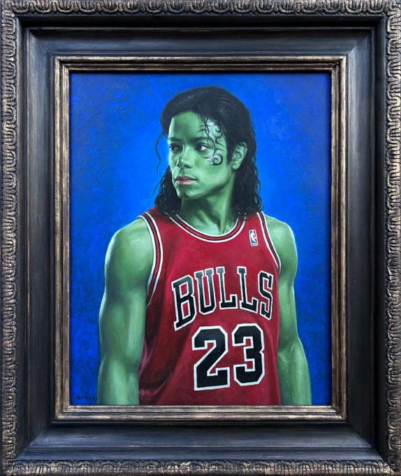 A framed painting depicts a green-skinned figure wearing a red Chicago Bulls jersey with the number 23, set against a vibrant blue background.