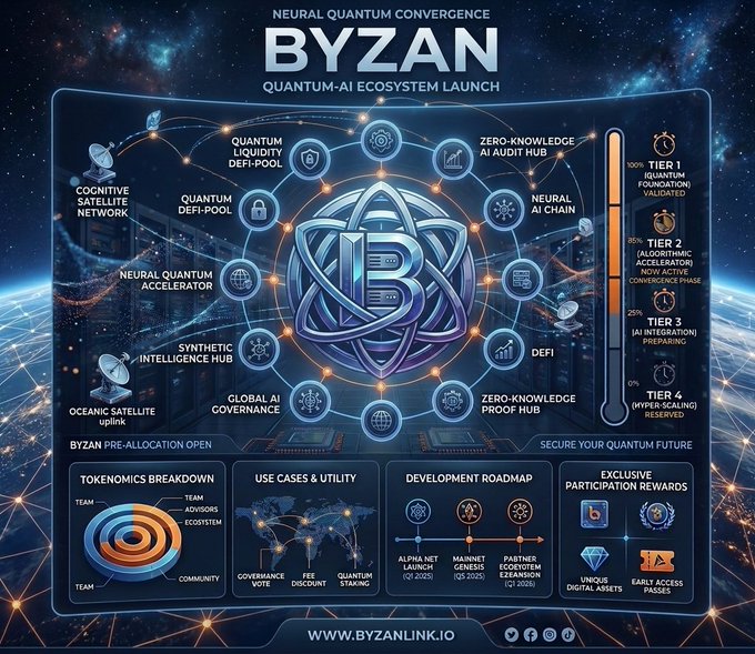 A promotional infographic titled "NEURAL QUANTUM CONVERGENCE BYZAN" advertises a "QUANTUM-AI ECOSYSTEM LAUNCH". It displays various tech-themed icons, a tier system on the right, and sections for "TOKENOMICS BREAKDOWN", "USE CASES & UTILITY", "DEVELOPMENT ROADMAP", and "EXCLUSIVE PARTICIPATION REWARDS", along with the URL "WWW.BYZANLINK.IO".