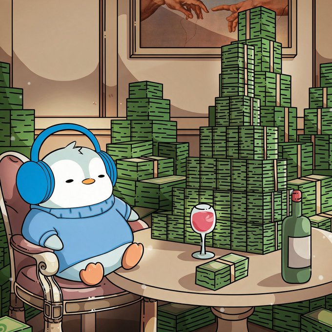 An illustration shows a cartoon penguin wearing blue headphones and a sweater, relaxing in a chair beside stacks of cash, a glass of wine, and a bottle, with a parody of Michelangelo's 'Creation of Adam' in the background.