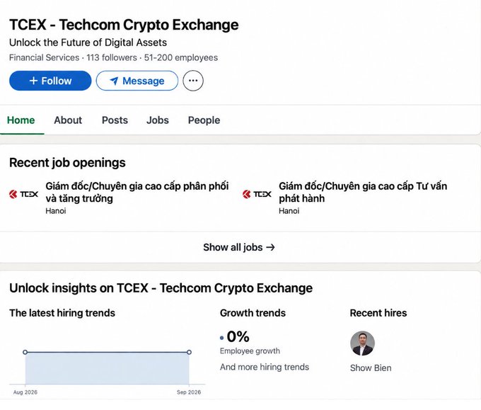 A LinkedIn company page for 'TCEX - Techcom Crypto Exchange' shows it has 113 followers, 51-200 employees, and lists recent job openings for management roles in Hanoi.