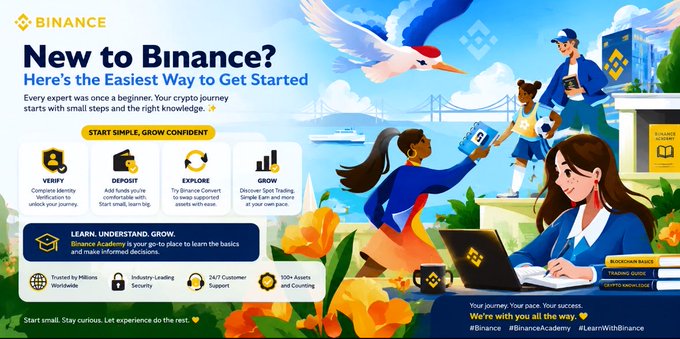 A Binance Academy promotional graphic titled "New to Binance? Here's the Easiest Way to Get Started," featuring illustrated characters and a four-step guide (Verify, Deposit, Explore, Grow) for beginner crypto users. The colorful image aligns with the post's message about taking the first step into the crypto world, emphasizing that small, simple steps are all it takes to begin.